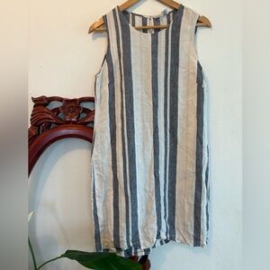 100% Linen Artisan Ny Blue and White Striped Sleeveless Casual Shift Midi Dress